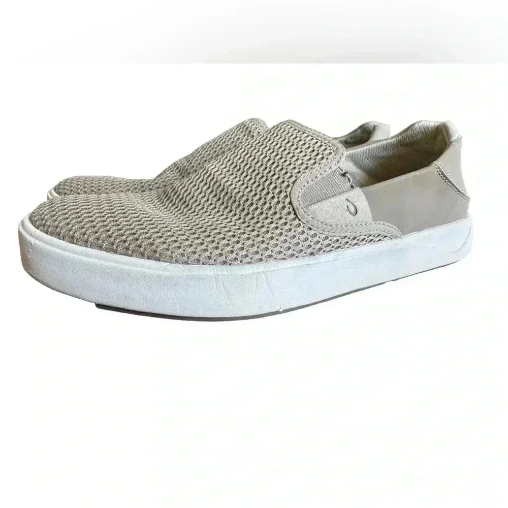 Olukai Pehuea Clay Khaki Green Perforated Textile Round Toe Slip On Sneakers